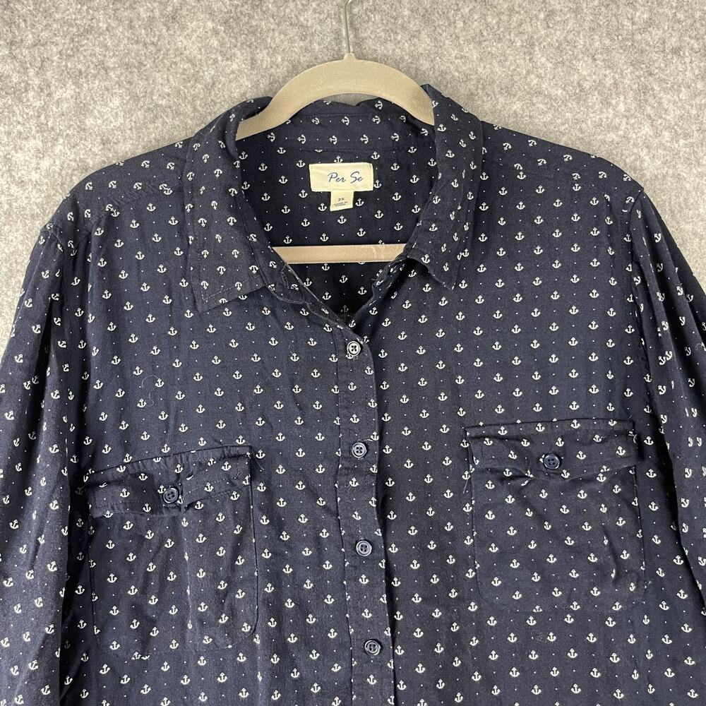 Per Se Top Womens 2X Blue Anchor Print Blouse Button Front 3/4 Sleeve Nautical - Picture 2 of 12